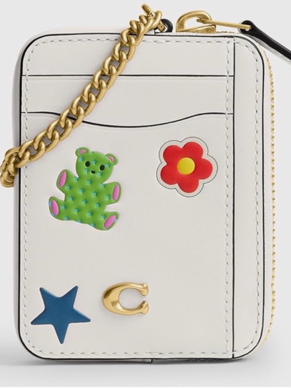 Coach White Leather Zip Card Case with Colorful Patch Icons